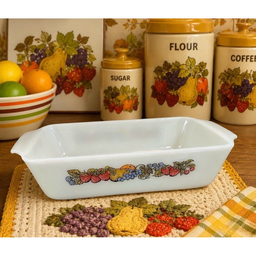 Anchor Glass Fire King Nature's Bounty 1 Qt Baking Casserole Vintage Loaf Pan